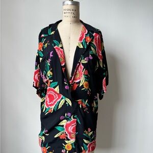 Norma Kamali Black Floral Deep V Top M